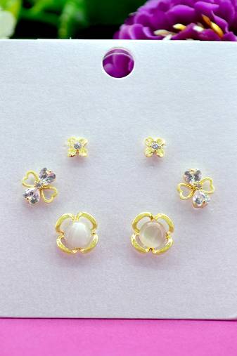 modish flower design pearl cz brass gold plated set of 3 combo stud earring for women and girls