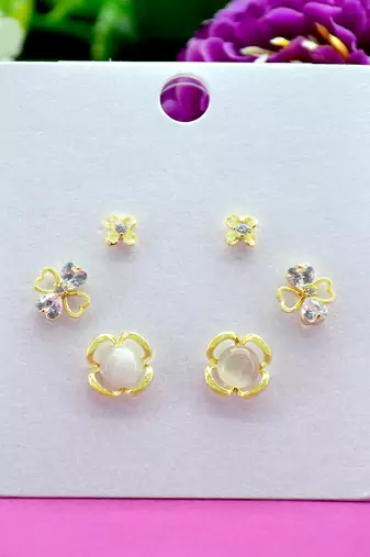modish flower design pearl cz brass gold plated set of 3 combo stud earring for women and girls
