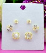 modish flower design pearl cz brass gold plated set of 3 combo stud earring for women and girls