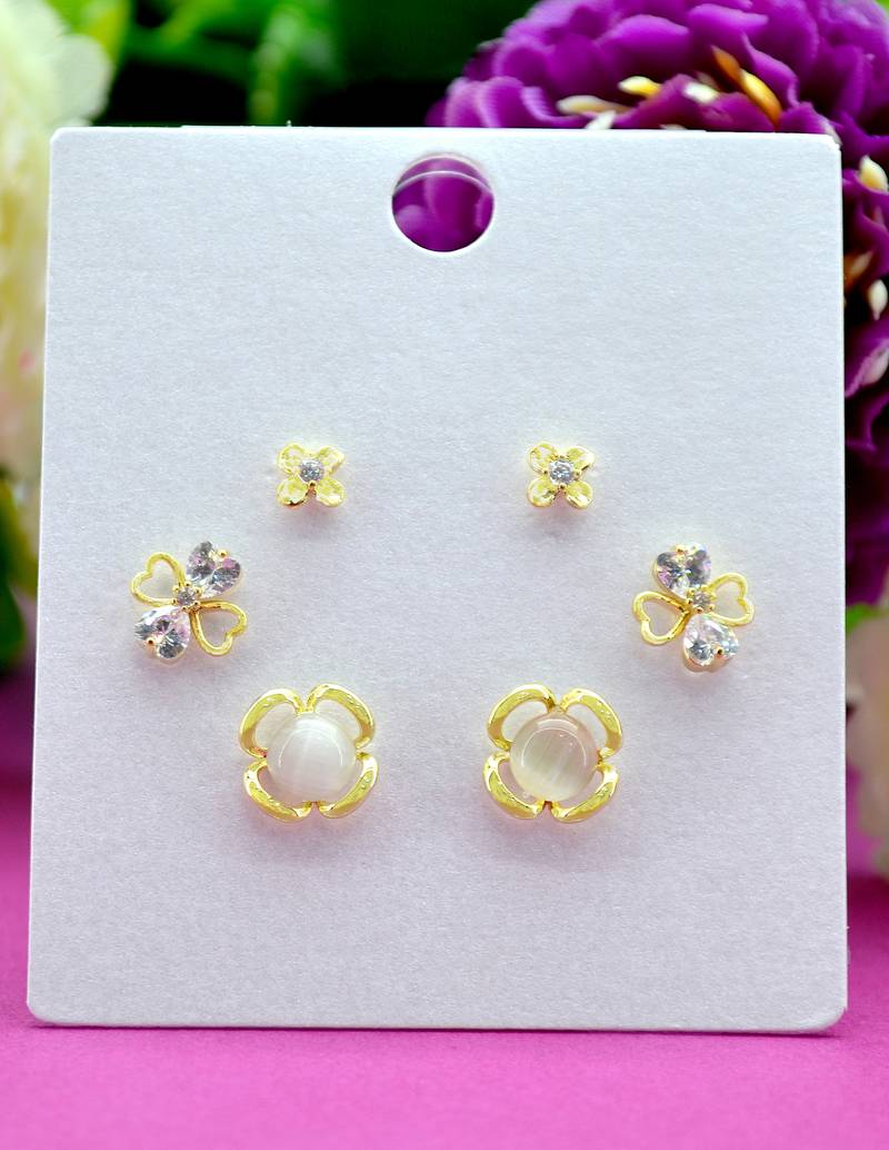 modish flower design pearl cz brass gold plated set of 3 combo stud earring for women and girls