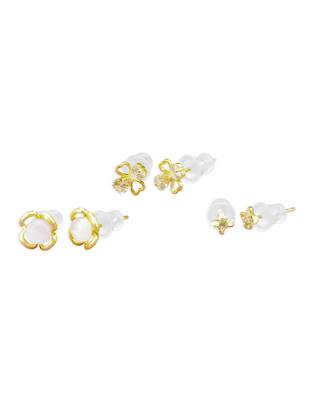 modish flower design pearl cz brass gold plated set of 3 combo stud earring for women and girls 2