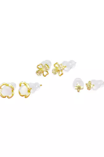 modish flower design pearl cz brass gold plated set of 3 combo stud earring for women and girls