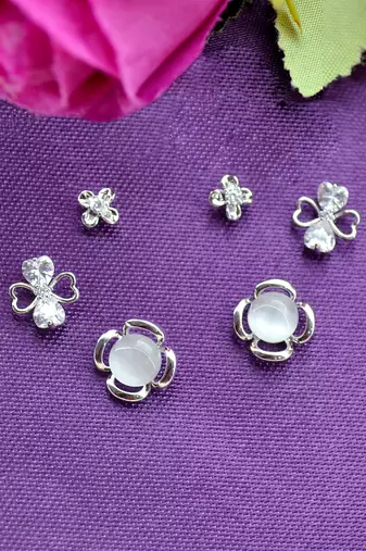lovely flower design pearl cz brass silver plated set of 3 combo stud earring for women and girls