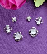 lovely flower design pearl cz brass silver plated set of 3 combo stud earring for women and girls