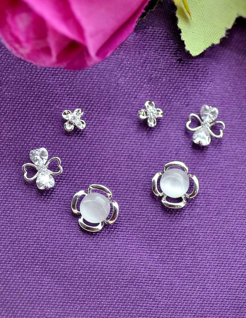 lovely flower design pearl cz brass silver plated set of 3 combo stud earring for women and girls