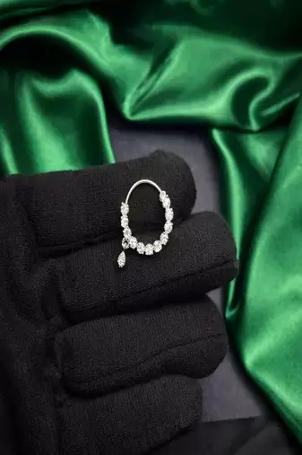 silver nose hoop ring with moissanite dangle