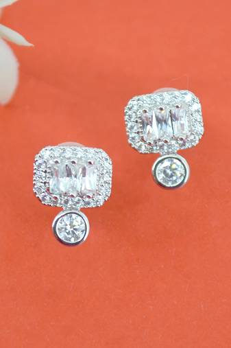 glorious square shape cz kundan brass silver plated stud earring for women and girls