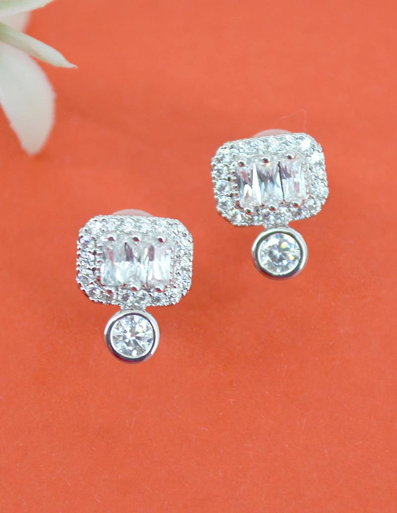 glorious square shape cz kundan brass silver plated stud earring for women and girls