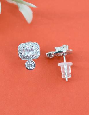 glorious square shape cz kundan brass silver plated stud earring for women and girls 4