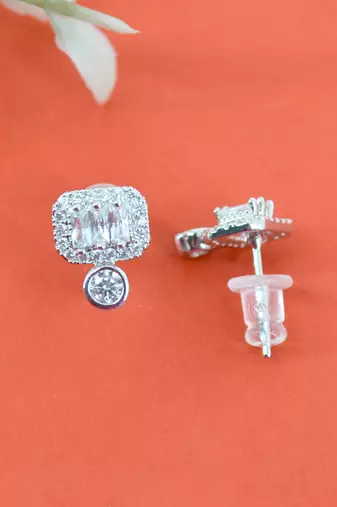 glorious square shape cz kundan brass silver plated stud earring for women and girls