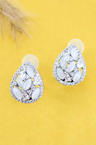 modern oval shape kundan brass silver plated stud earring for women and girls