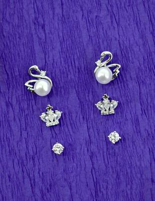duck bird design pearl cz kundan brass silver plated set of 3 combo stud earring for women and girls 1