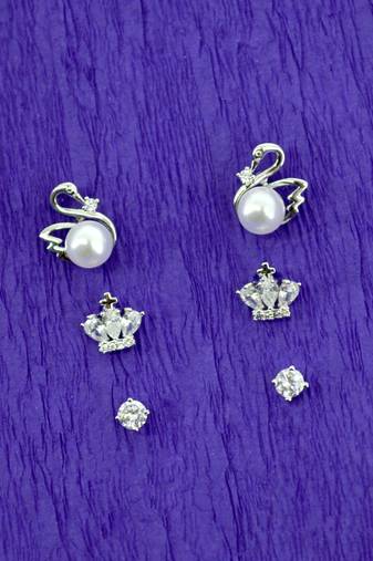 duck bird design pearl cz kundan brass silver plated set of 3 combo stud earring for women and girls