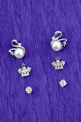 duck bird design pearl cz kundan brass silver plated set of 3 combo stud earring for women and girls