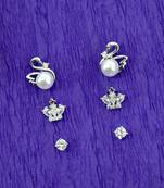 duck bird design pearl cz kundan brass silver plated set of 3 combo stud earring for women and girls