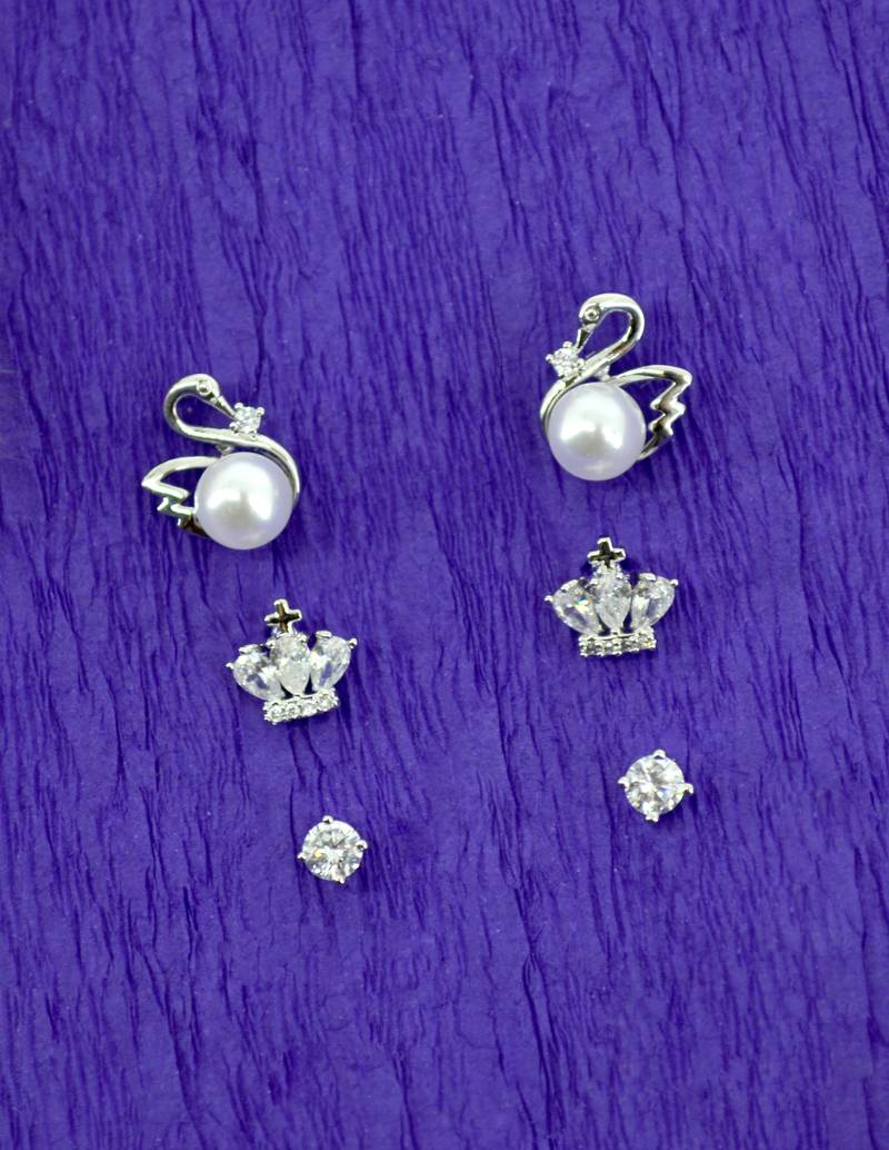 duck bird design pearl cz kundan brass silver plated set of 3 combo stud earring for women and girls