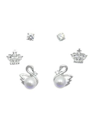duck bird design pearl cz kundan brass silver plated set of 3 combo stud earring for women and girls 2