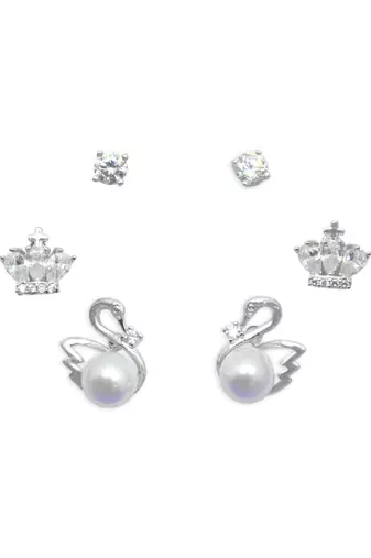duck bird design pearl cz kundan brass silver plated set of 3 combo stud earring for women and girls