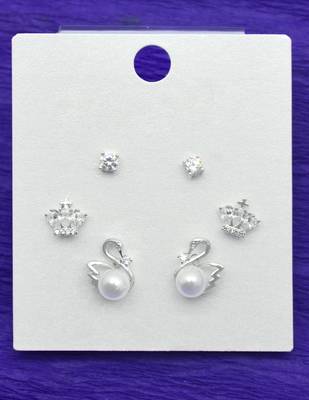 duck bird design pearl cz kundan brass silver plated set of 3 combo stud earring for women and girls 3