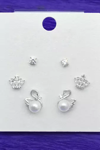 duck bird design pearl cz kundan brass silver plated set of 3 combo stud earring for women and girls