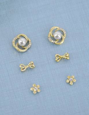 flower and round shape cz pearl brass gold plated set of 3 combo stud earring for women and girls 1