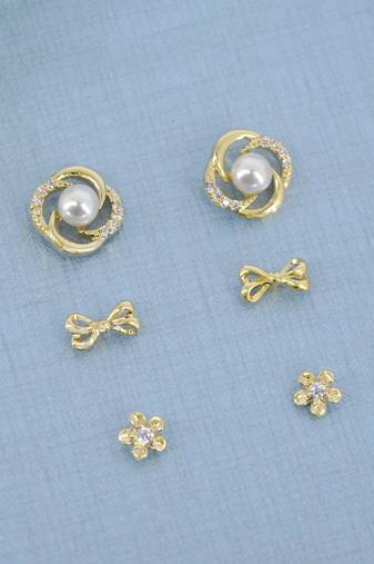 flower and round shape cz pearl brass gold plated set of 3 combo stud earring for women and girls