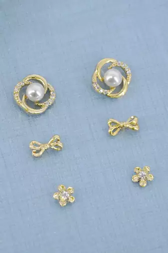 flower and round shape cz pearl brass gold plated set of 3 combo stud earring for women and girls