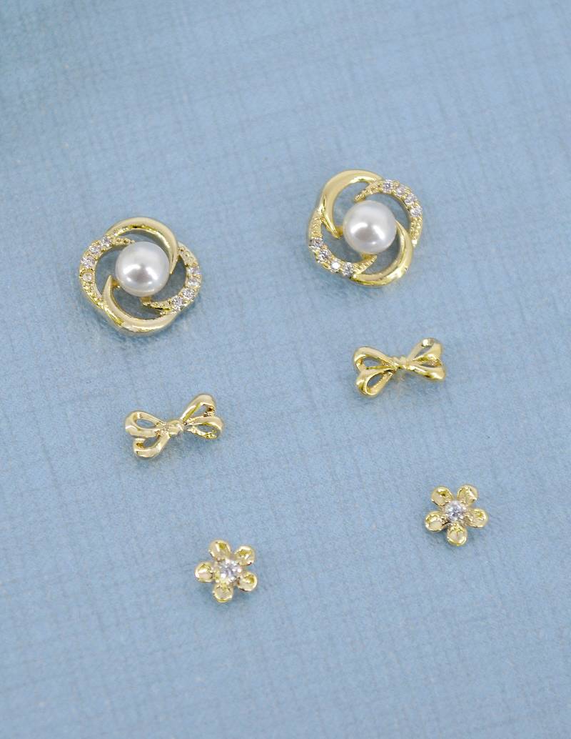 flower and round shape cz pearl brass gold plated set of 3 combo stud earring for women and girls