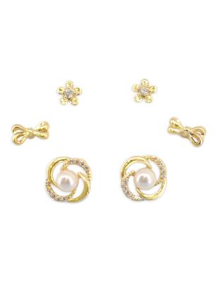 flower and round shape cz pearl brass gold plated set of 3 combo stud earring for women and girls 2