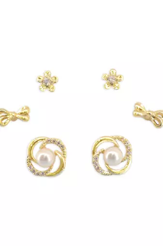 flower and round shape cz pearl brass gold plated set of 3 combo stud earring for women and girls