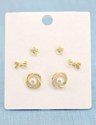flower and round shape cz pearl brass gold plated set of 3 combo stud earring for women and girls 3