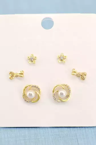 flower and round shape cz pearl brass gold plated set of 3 combo stud earring for women and girls