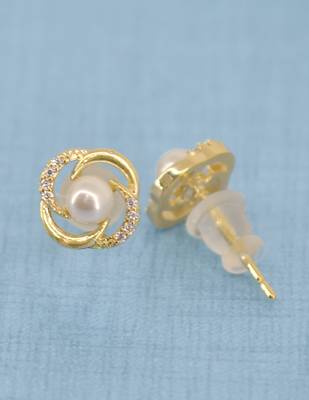 flower and round shape cz pearl brass gold plated set of 3 combo stud earring for women and girls 4