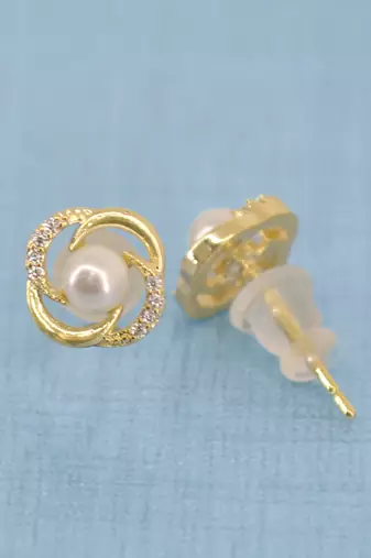 flower and round shape cz pearl brass gold plated set of 3 combo stud earring for women and girls