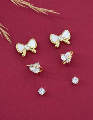 butterfly and heart shape kundan brass gold plated set of 3 combo stud earring for women and girls 1