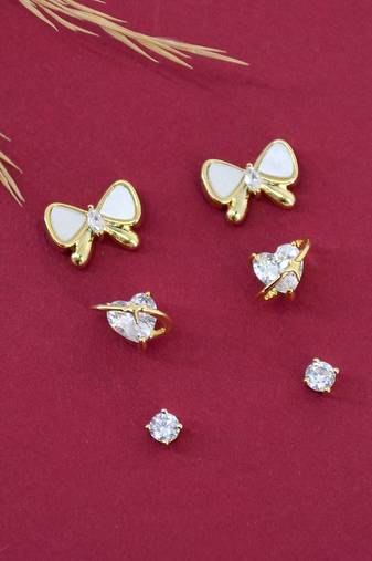 butterfly and heart shape kundan brass gold plated set of 3 combo stud earring for women and girls