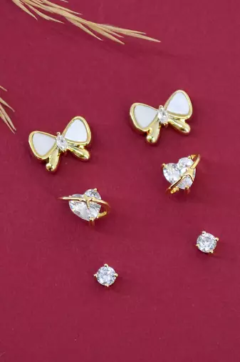 butterfly and heart shape kundan brass gold plated set of 3 combo stud earring for women and girls