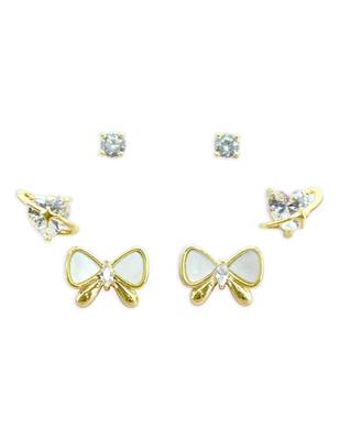 butterfly and heart shape kundan brass gold plated set of 3 combo stud earring for women and girls 2