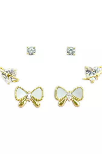 butterfly and heart shape kundan brass gold plated set of 3 combo stud earring for women and girls