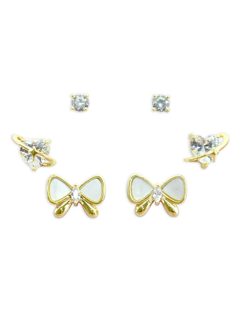 butterfly and heart shape kundan brass gold plated set of 3 combo stud earring for women and girls