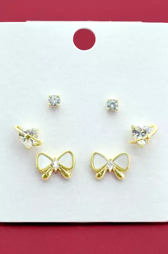 butterfly and heart shape kundan brass gold plated set of 3 combo stud earring for women and girls