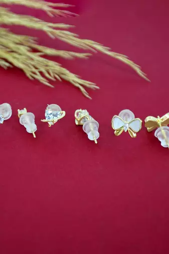 butterfly and heart shape kundan brass gold plated set of 3 combo stud earring for women and girls