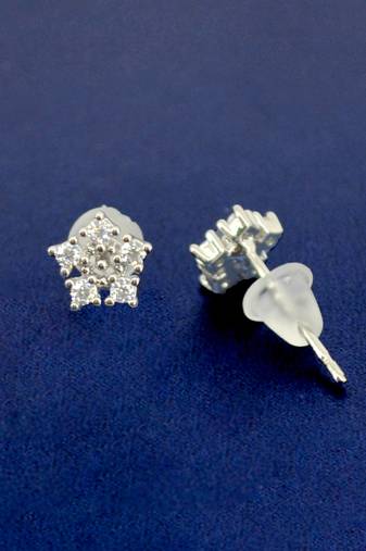 smooth round shape cz brass silver plated stud earring for women and girls