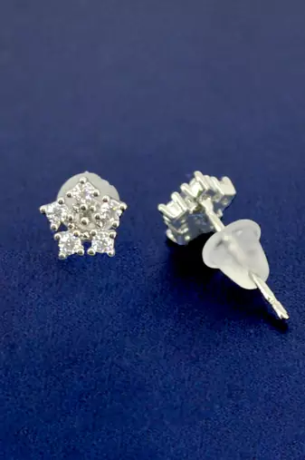smooth round shape cz brass silver plated stud earring for women and girls