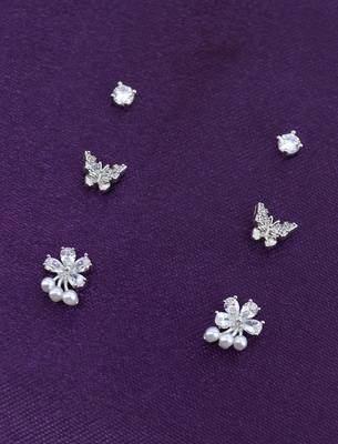 butterfly and flower design cz brass silver plated set of 3 combo stud earring for women and girls 1