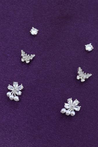 butterfly and flower design cz brass silver plated set of 3 combo stud earring for women and girls