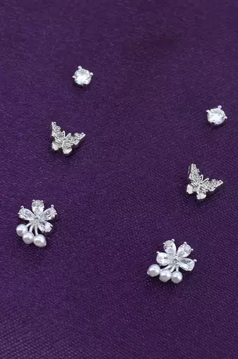 butterfly and flower design cz brass silver plated set of 3 combo stud earring for women and girls