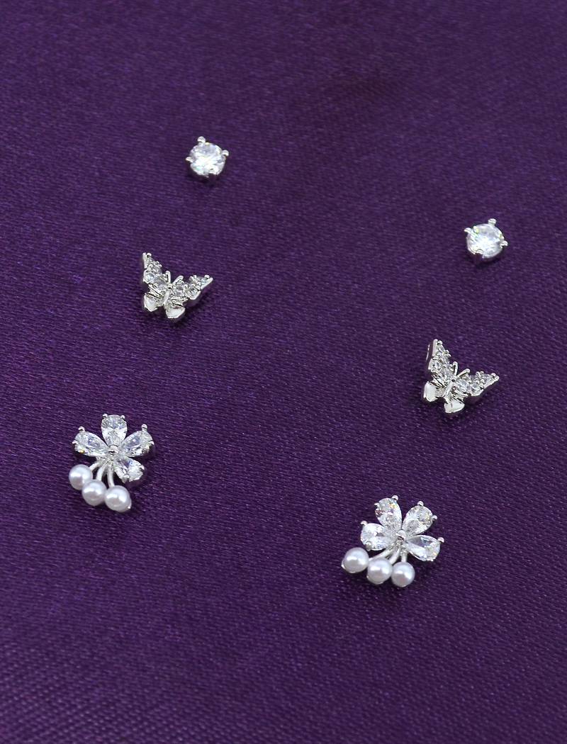 butterfly and flower design cz brass silver plated set of 3 combo stud earring for women and girls