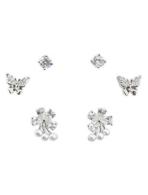butterfly and flower design cz brass silver plated set of 3 combo stud earring for women and girls 2