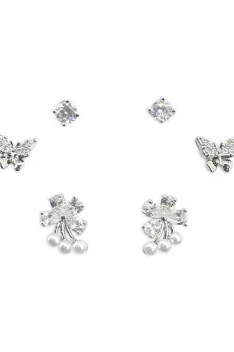butterfly and flower design cz brass silver plated set of 3 combo stud earring for women and girls